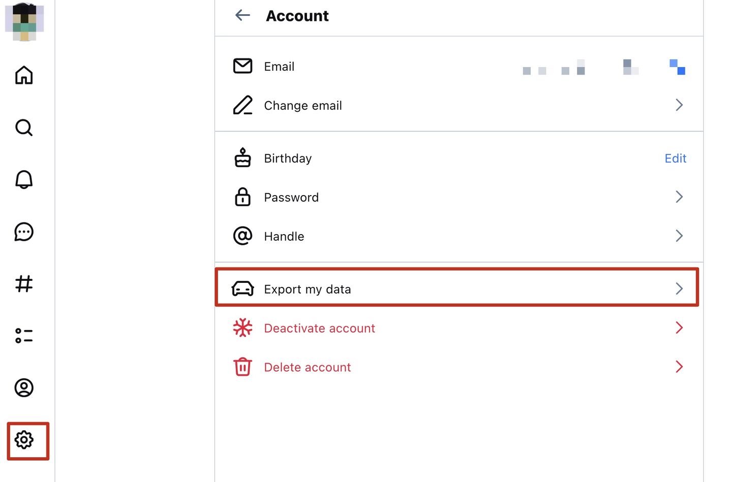 settings -> account -> export my data